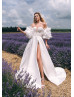 Strapless Beaded Ivory Lace Satin Slit Wedding Dress With Ruffled Sleeves